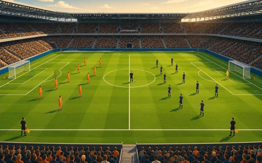 Ilustrasi lapangan sepak bola lengkap dengan dua tim, wasit dan asisten wasit