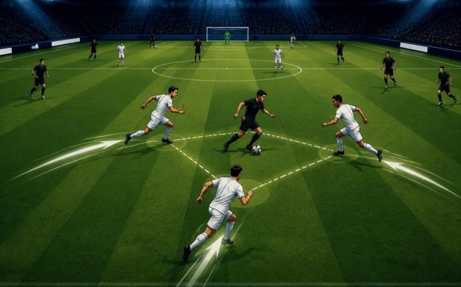 Ilustrasi beberapa pemain langsung menekan lawan setelah kehilangan bola