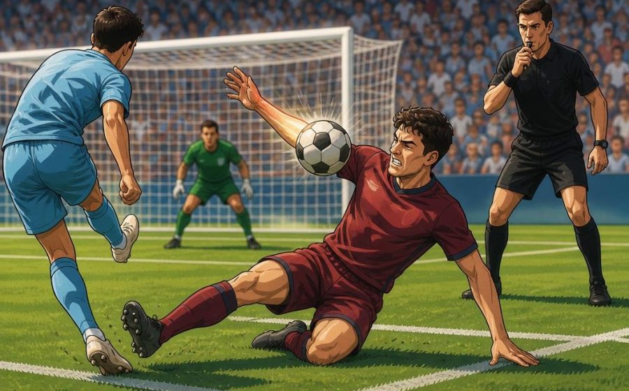 Ilustrasi bola mengenai lengan bek di kotak penalti dengan wasit mengamati