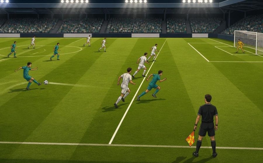 Ilustrasi garis posisi offside antara penyerang dan bek terakhir
