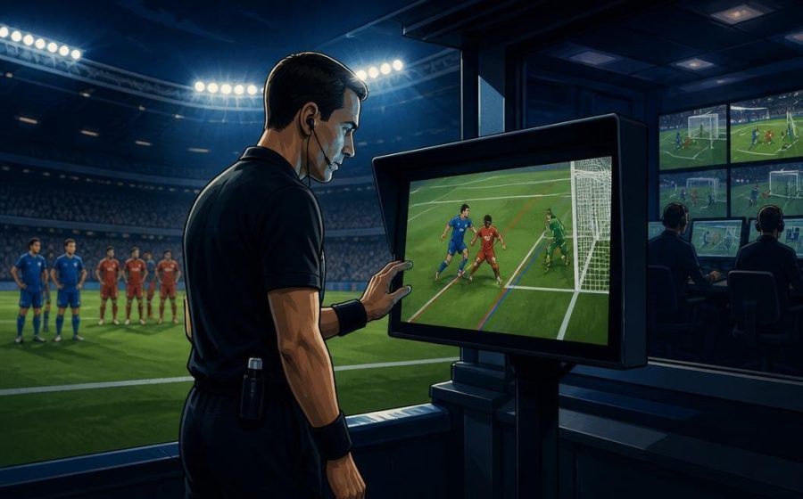 Ilustrasi wasit meninjau tayangan ulang VAR di monitor pinggir lapangan